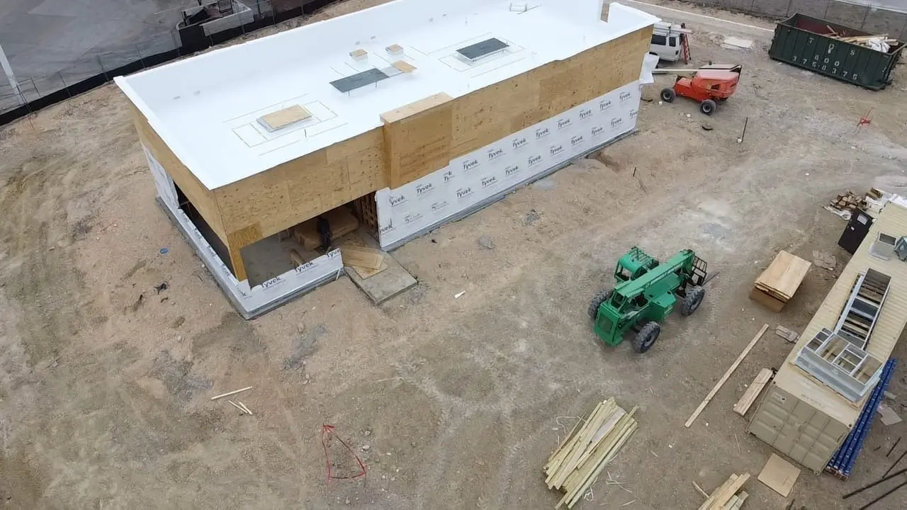 Prefabricated roof trusses and framing on commercial project