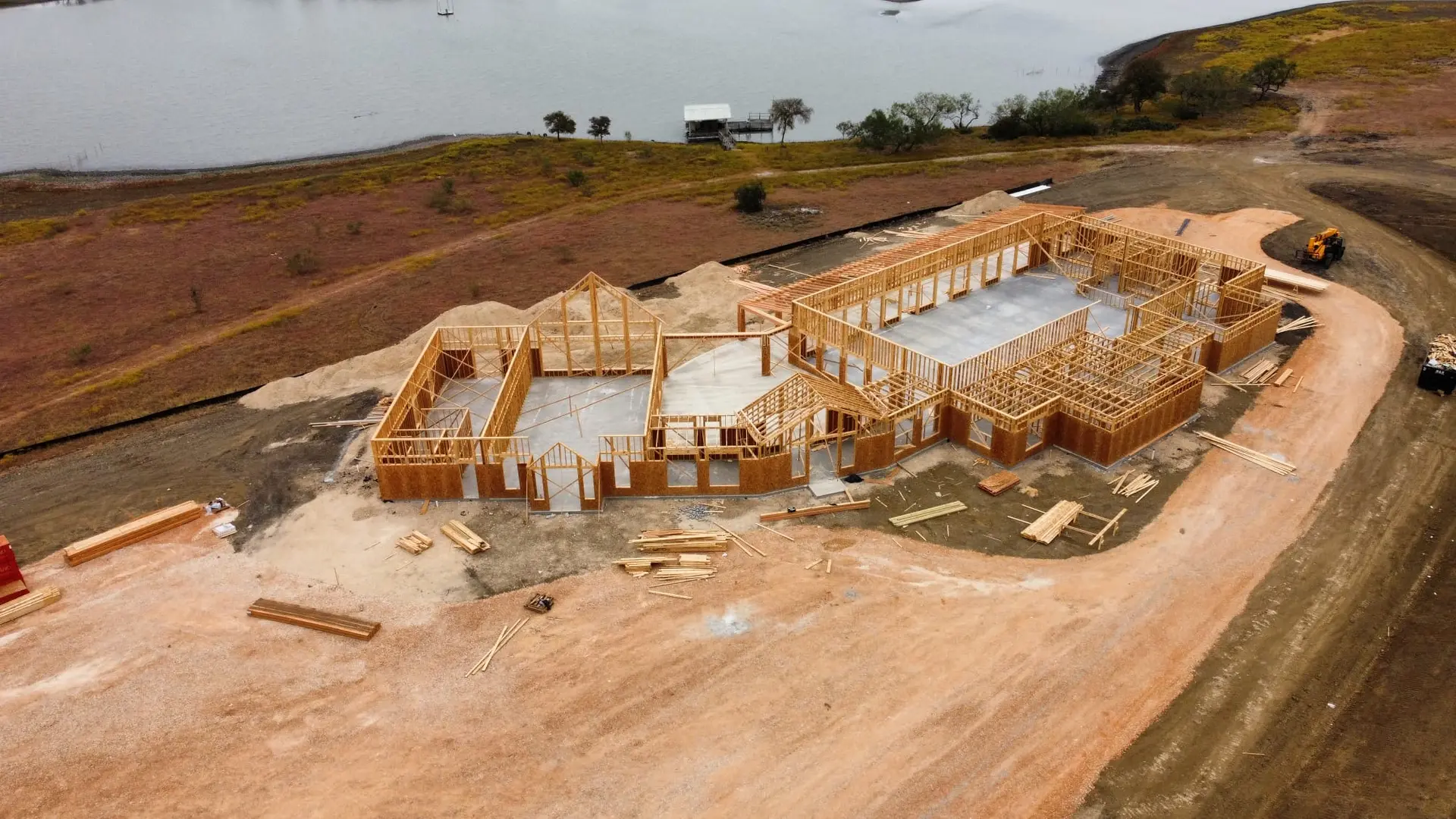 Residential wood framing for custom lakefront home