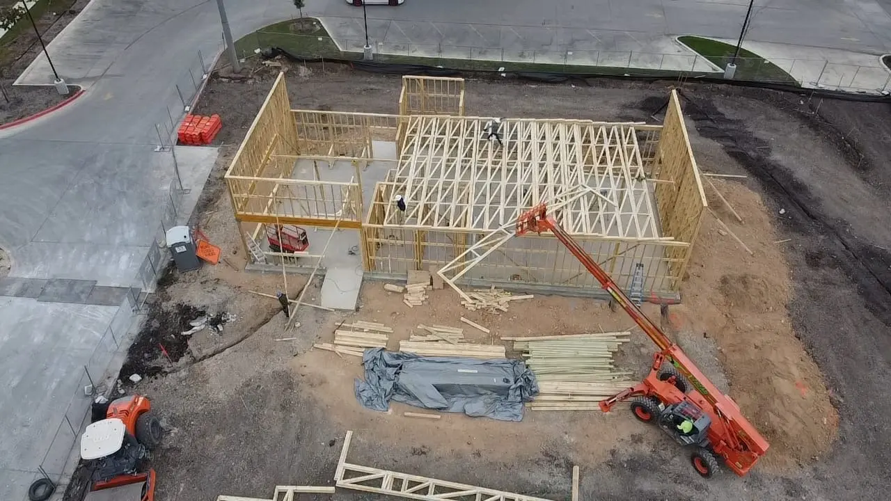 New commercial building framing in progress